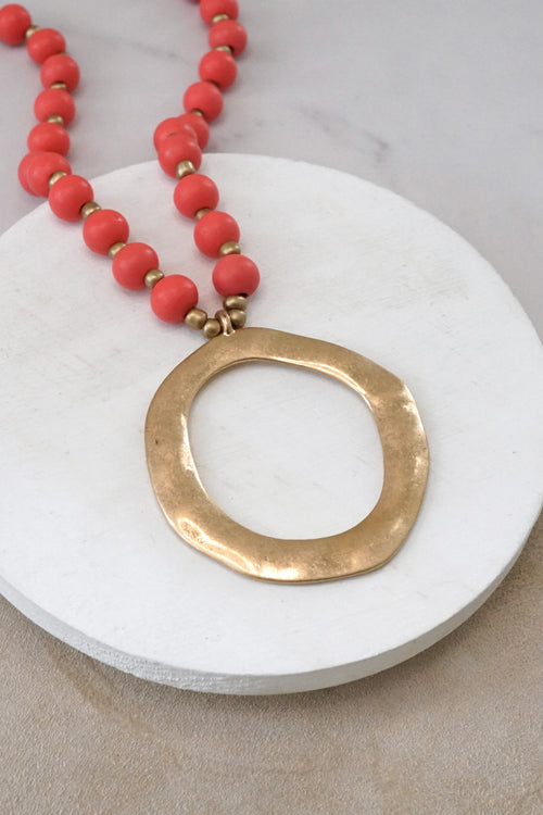 Long Wooden Bead Necklace with gold circle - Coral Red Orange