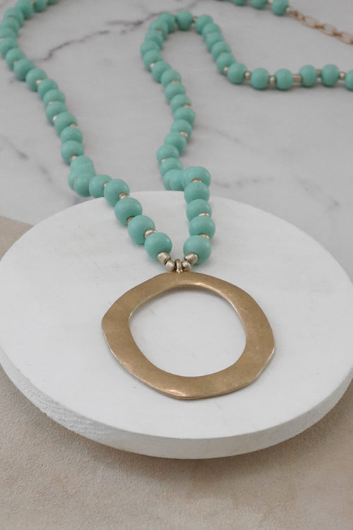 Long Wooden Bead Necklace with gold circle - Mint Green