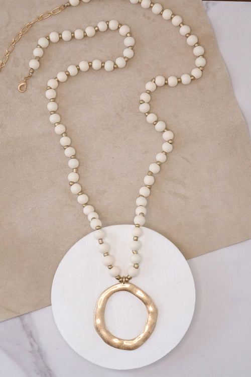 Long Wooden Bead Necklace with gold circle - Cream