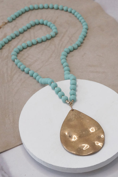 Long Wooden Bead Necklace with gold teardrop - Mint Green