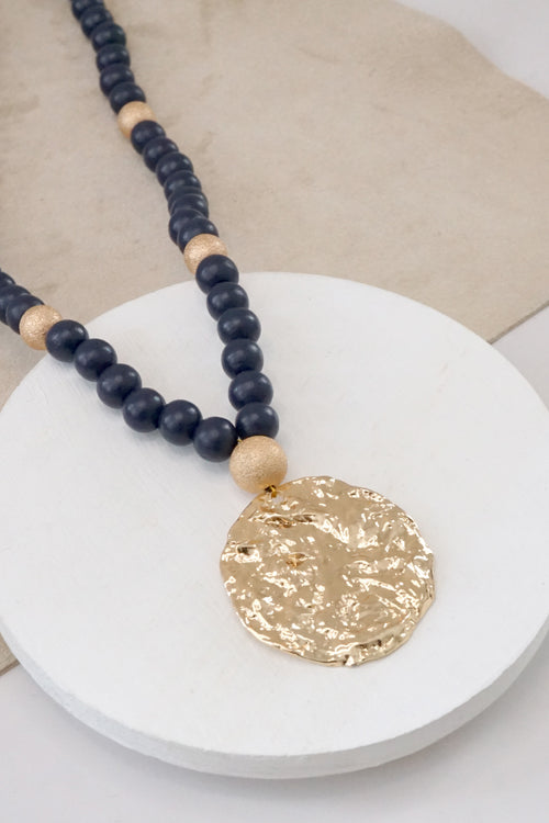 Long Wooden Bead Necklace with gold coin - Navy Blue