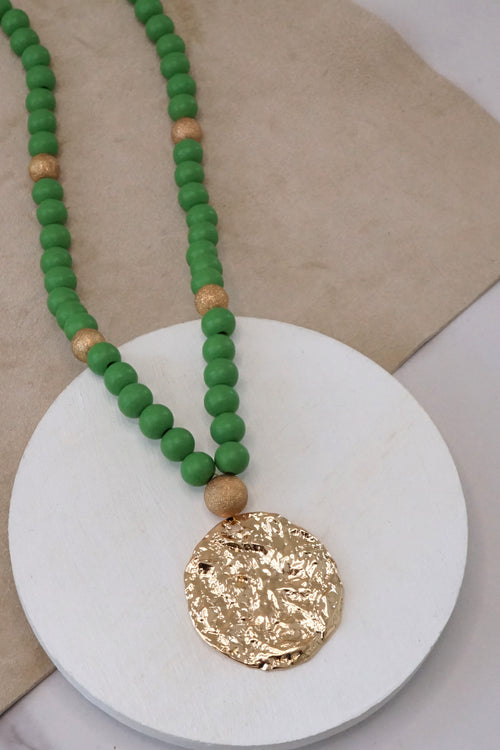 Long Wooden Bead Necklace with gold coin - Green