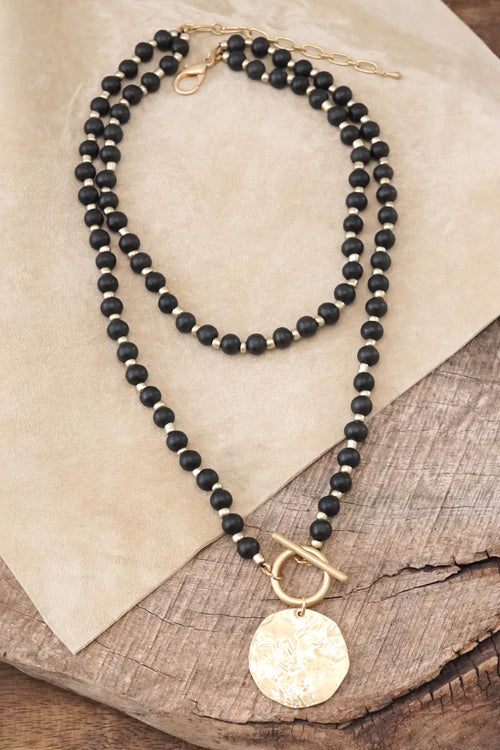 Multi Strand Wooden Beads Short Coin Necklace in Black and Gold