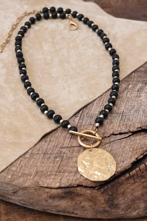 Wooden Beads Short Coin Toggle Necklace in Black and Gold