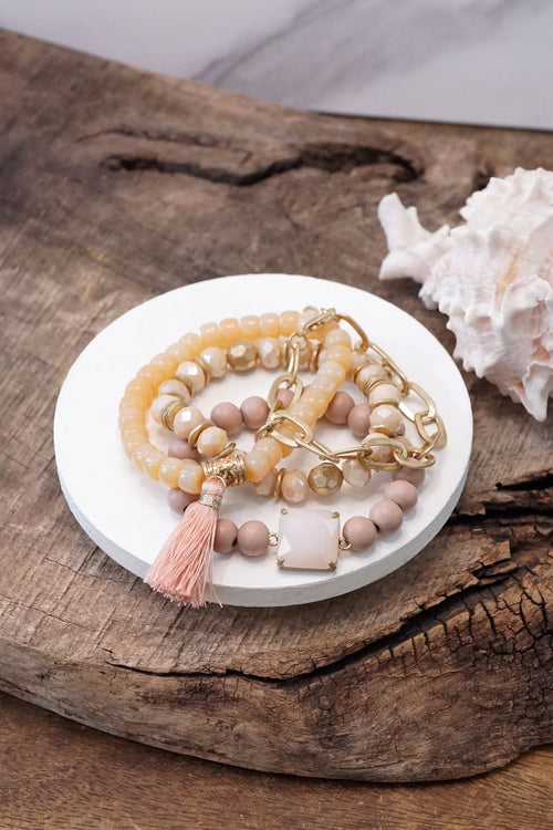Boho Beads Tassel Bracelets set with Semi Precious stone Peach