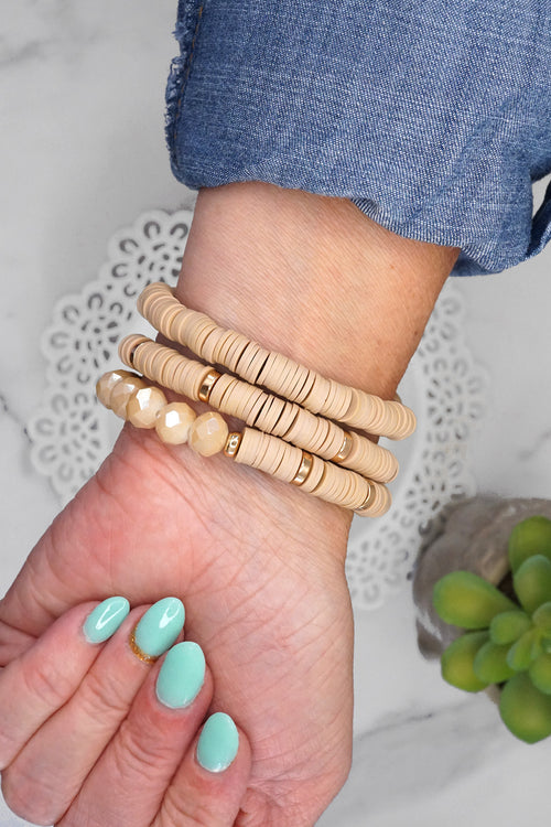 Beaded Bracelets stack in Neutral Beige Heishi Clay Gold tone Layering