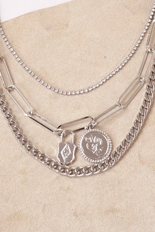 Multi Layer Chain Necklace Silver tone with small pendants
