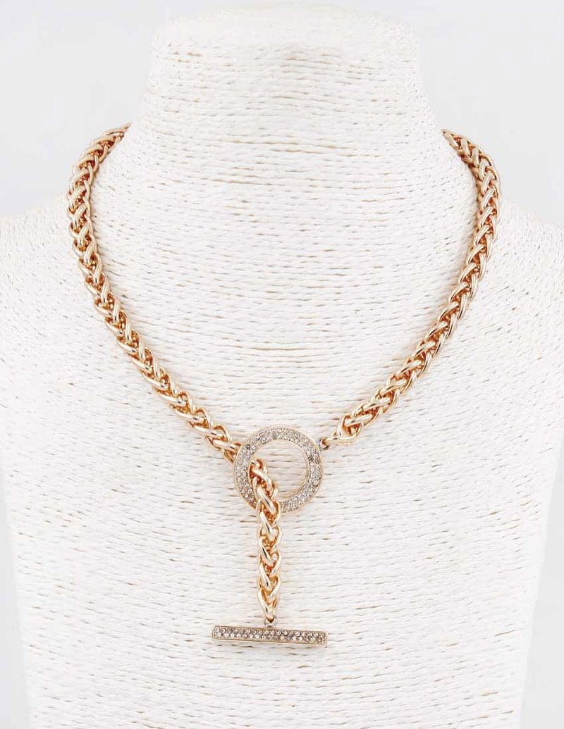 Front Toggled Paved Crystals Statement Necklace - Gold Tone