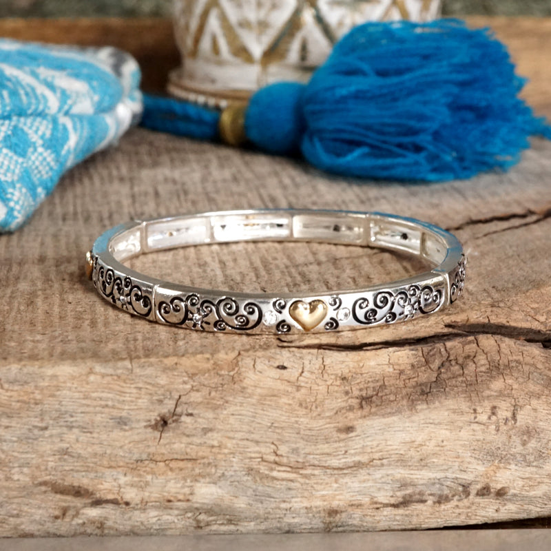Whispers of Silver – Delicate Stretchy Bangles with Crystal and Heart Details