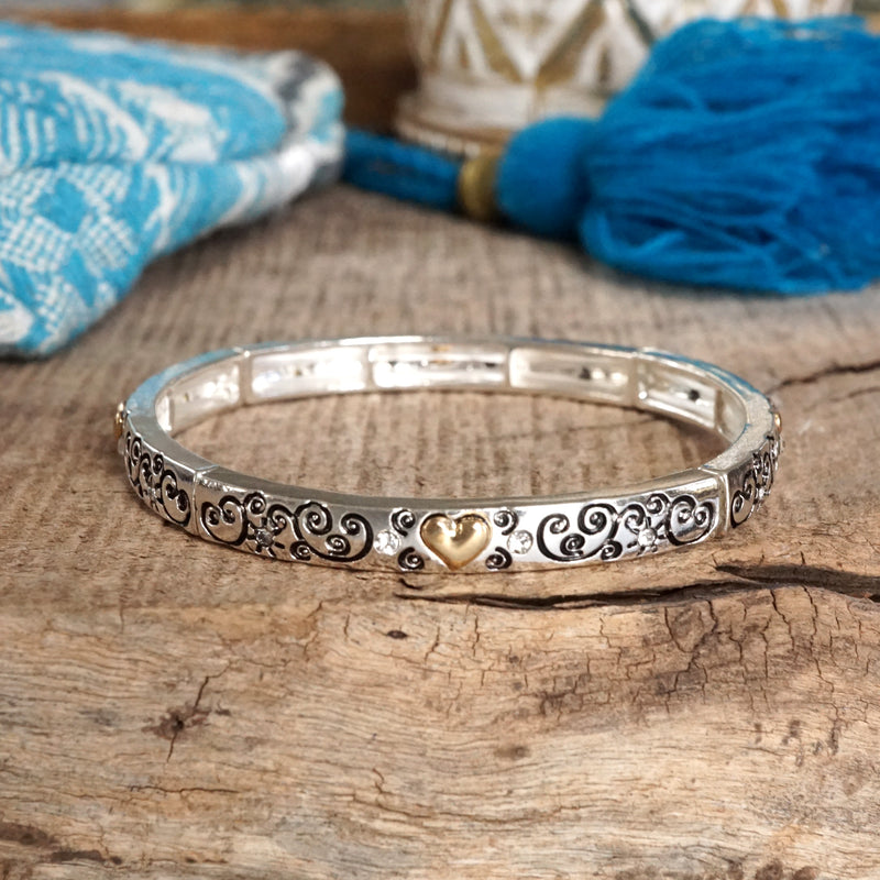 Whispers of Silver – Delicate Stretchy Bangles with Crystal and Heart Details