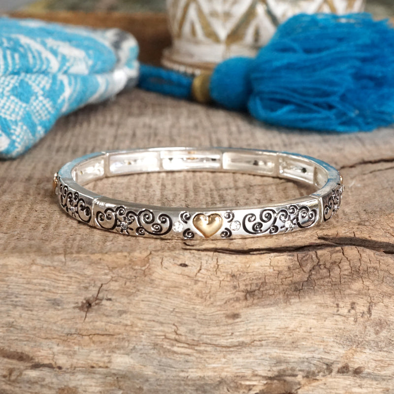 Whispers of Silver – Delicate Stretchy Bangles with Crystal and Heart Details