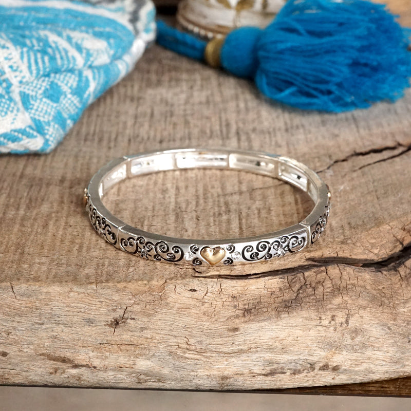 Whispers of Silver – Delicate Stretchy Bangles with Crystal and Heart Details