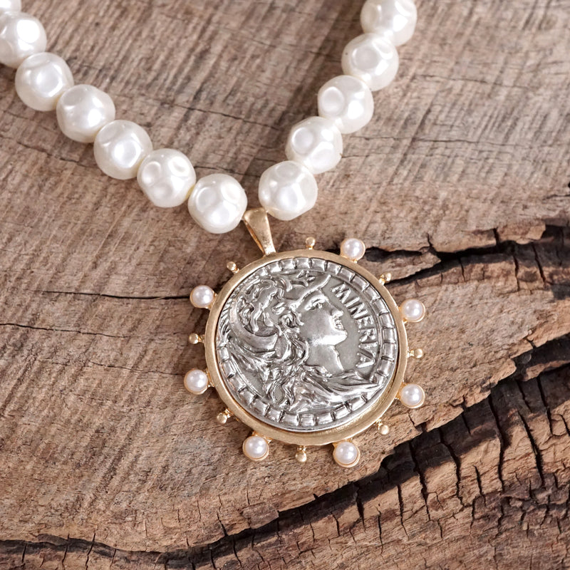 Boho Coin and Pearl Statement Necklace – Gold and Silver Tone