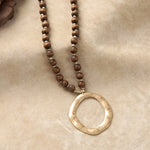 Long Wooden Bead Necklace with gold circle - Dark Brown