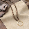 Long Wooden Bead Necklace with gold circle - Dark Brown