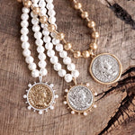 Boho Coin and Pearl Statement Necklace – Gold and Silver Tone