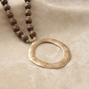 Long Wooden Bead Necklace with gold circle - Dark Brown