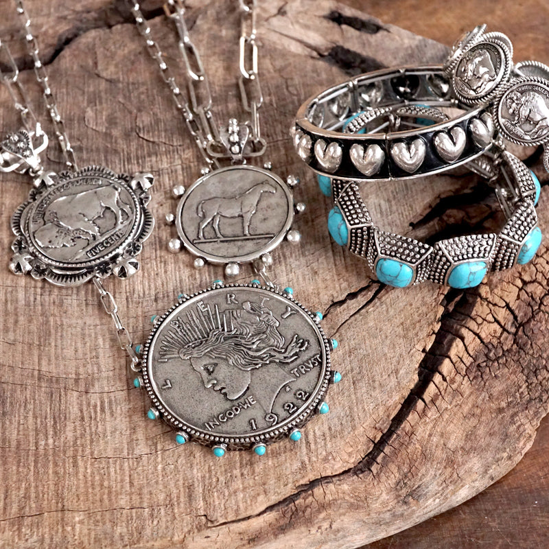 Western Boho Coin Necklace Set with Turquoise Accents – Worn Silver Tone