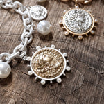 Boho Coin and Pearl Charms Statement Bracelet – Gold and Silver Tone