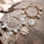 Boho Coin and Pearl Charms Statement Bracelet – Gold and Silver Tone