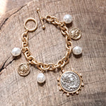 Boho Coin and Pearl Charms Statement Bracelet – Gold and Silver Tone