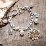 Boho Coin and Pearl Charms Statement Bracelet – Gold and Silver Tone