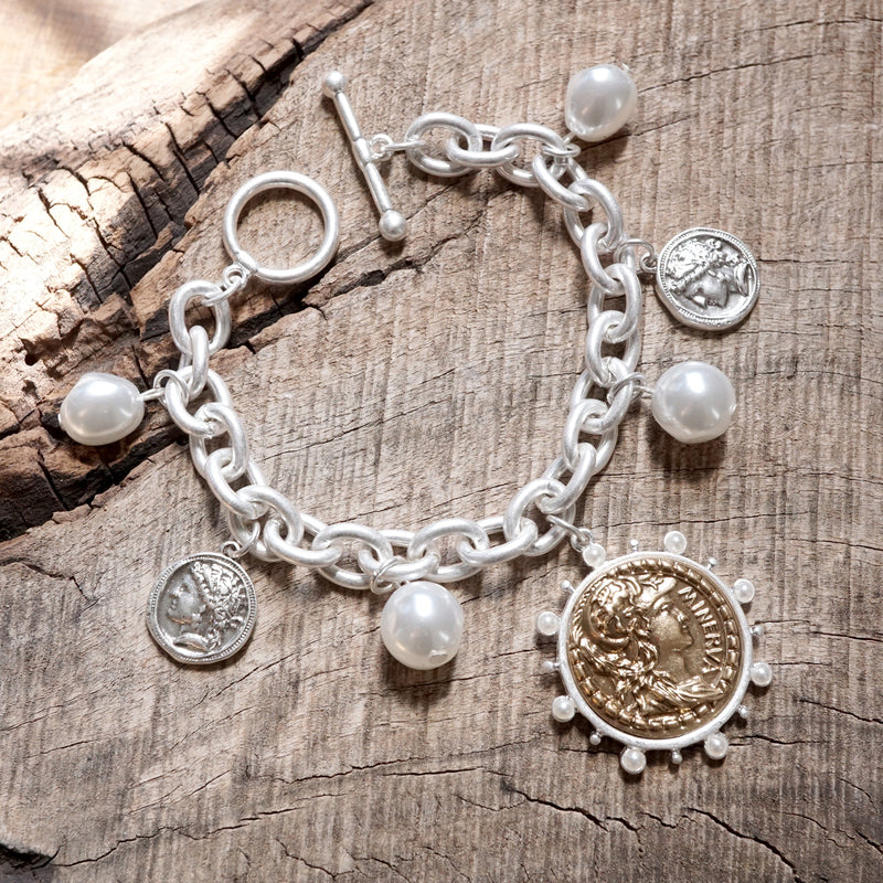 Boho Coin and Pearl Charms Statement Bracelet – Gold and Silver Tone