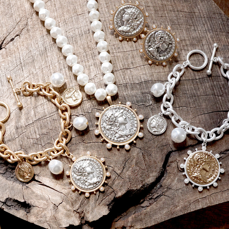 Boho Coin and Pearl Charms Statement Bracelet – Gold and Silver Tone