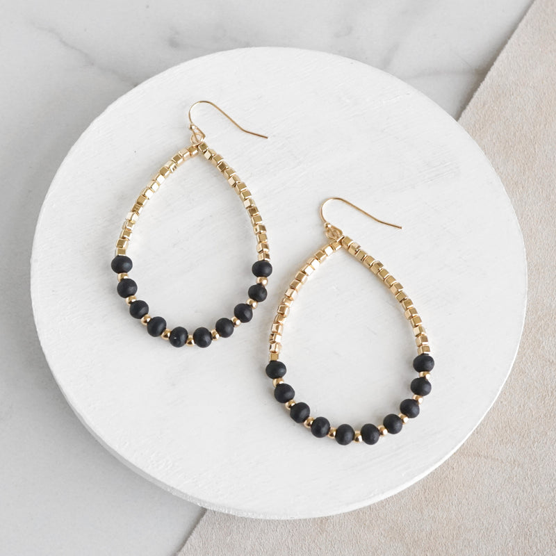 Natural Wood & Gold Beaded Teardrop Hoop Earrings in Black