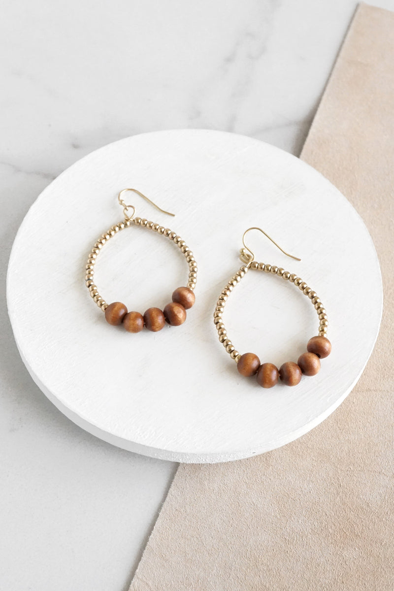 Natural Wood & Gold Beaded Teardrop Earrings in Brown