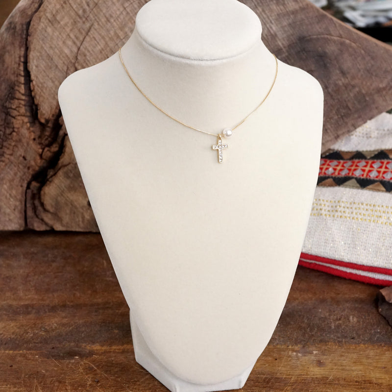 Classic Dainty Cross and Pearl Necklace – Gold Tone