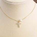 Classic Dainty Cross and Pearl Necklace – Gold Tone