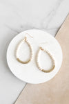 Natural Wood & Gold Beaded Teardrop Hoop Earrings in Cream