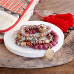 Beaded bracelets set in Red Burgundy with a coin charm