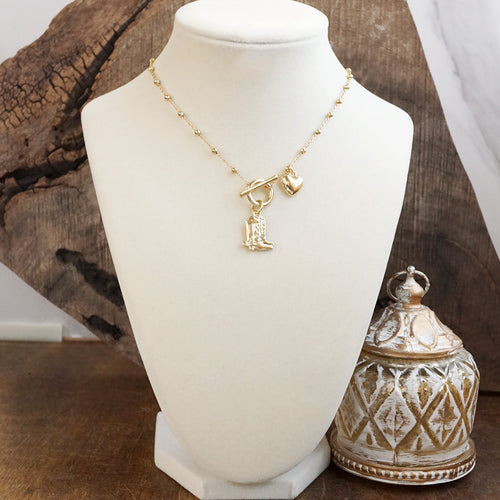 Cowgirl Charm – Dainty Boots &amp; Heart Necklace in Gold