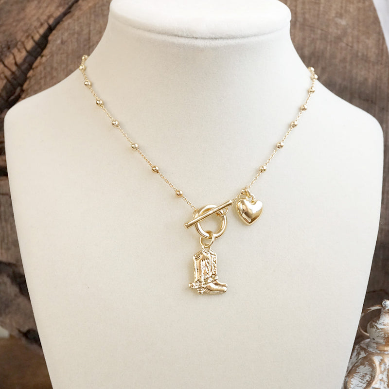 Cowgirl Charm – Dainty Boots &amp; Heart Necklace in Gold