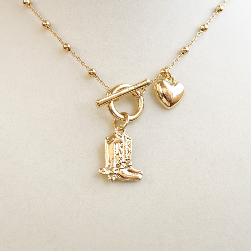 Cowgirl Charm – Dainty Boots &amp; Heart Necklace in Gold
