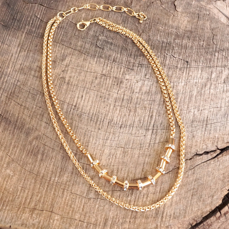 Layered Gold Chain Necklace with Cylinder and Crystal Accents