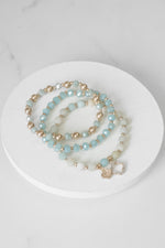 Beaded Bracelet Set Clover Amazonite Metal Glass Beads Gold tone