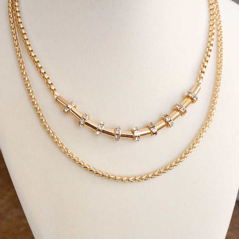 Layered Gold Chain Necklace with Cylinder and Crystal Accents