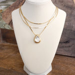 Layered Gold Chain Statement Necklace with Teardrop Crystal Pendant