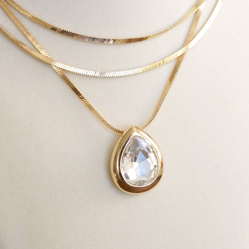 Layered Gold Chain Statement Necklace with Teardrop Crystal Pendant