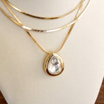 Layered Gold Chain Statement Necklace with Teardrop Crystal Pendant