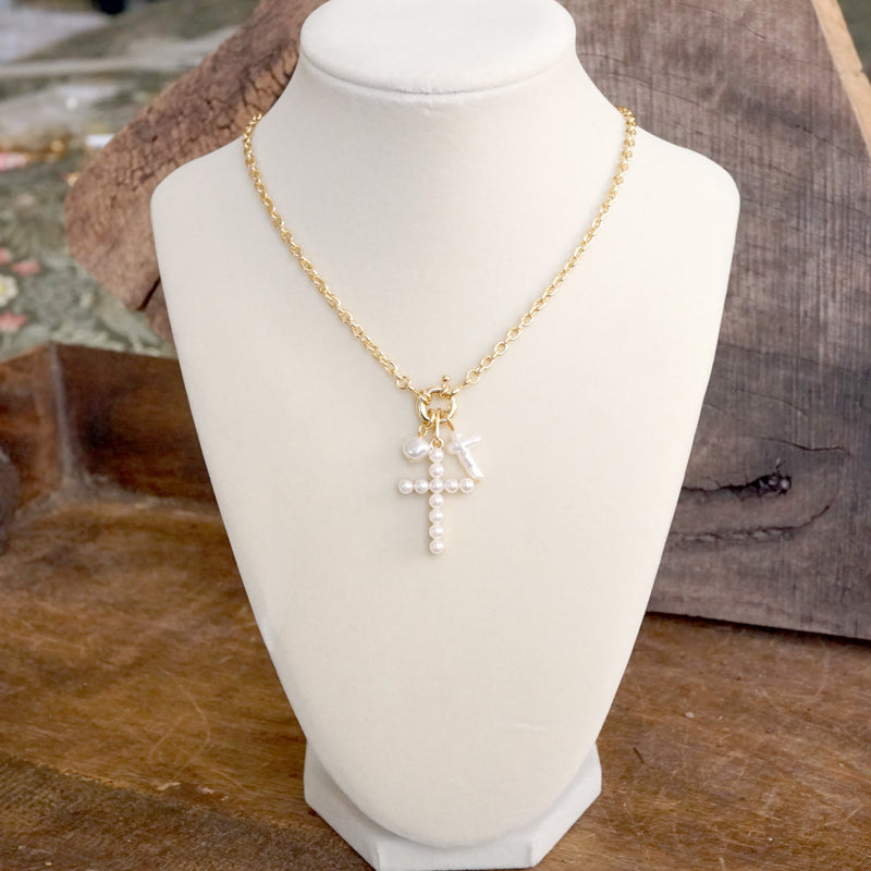 Classic Dainty Cross and Pearls Necklace – Gold Tone