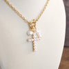 Classic Dainty Cross and Pearls Necklace – Gold Tone