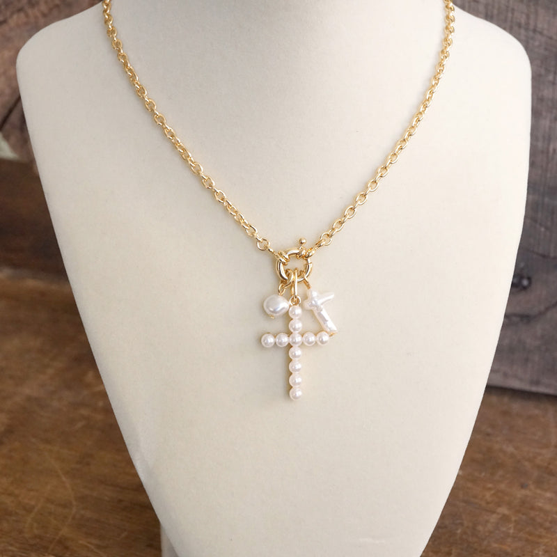 Classic Dainty Cross and Pearls Necklace – Gold Tone