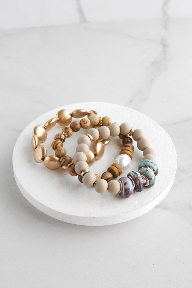Bracelet Stack of 3 pieces Neutrals Wood Metal and Jasper Stone beads