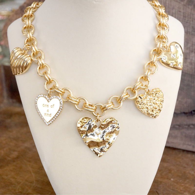 Multi-Heart Bling Charm Statement Necklace – Gold Tone