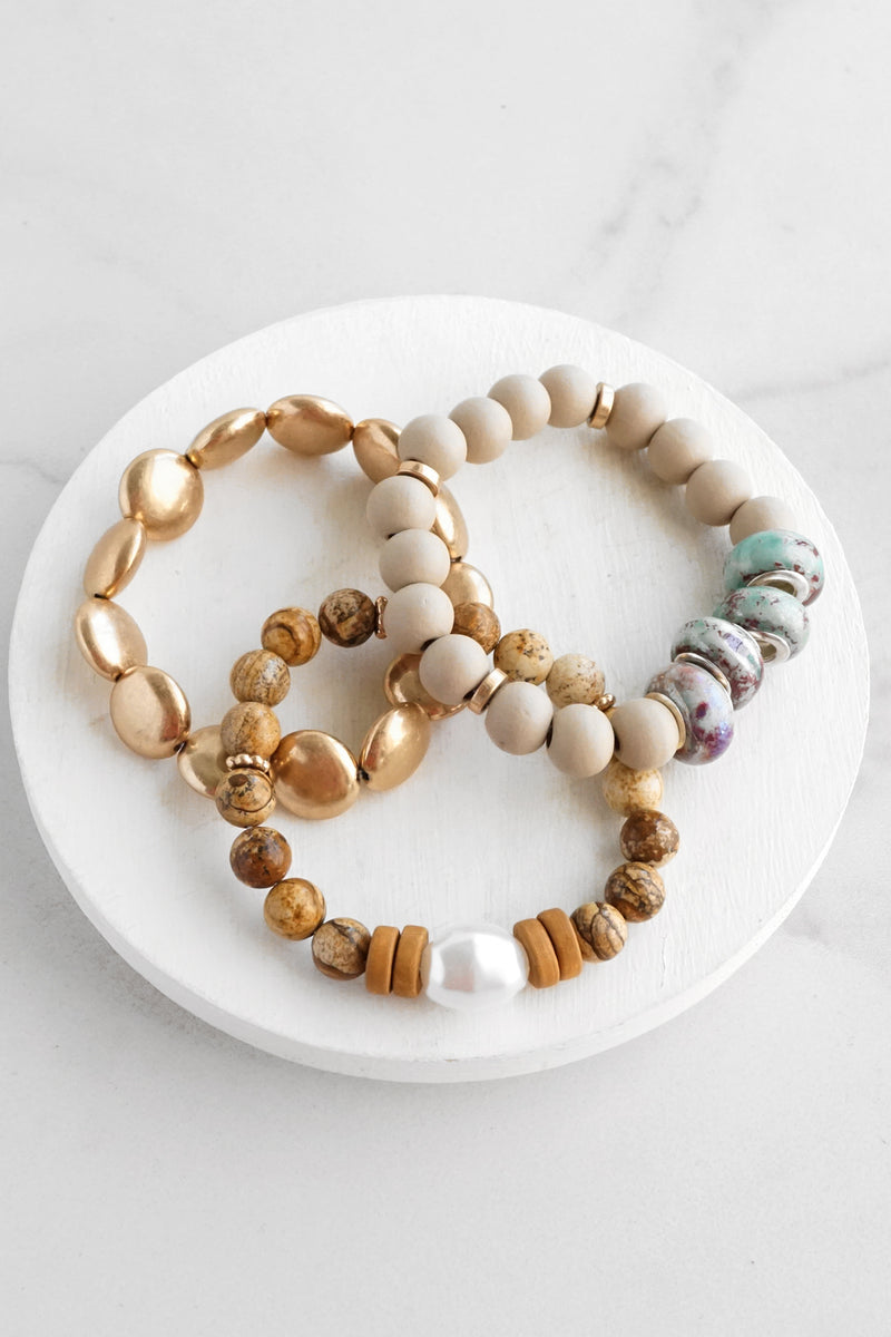 Bracelet Stack of 3 pieces Neutrals Wood Metal and Jasper Stone beads