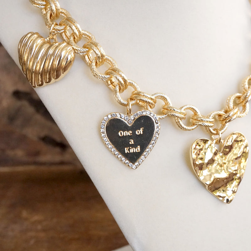 Multi-Heart Bling Charm Statement Necklace – Gold Tone